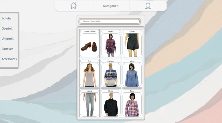 Überblick auf der Secondhandplattform "Dress for Success" über die verschiedenen Kleidungskategorien sowie erste Kleidungsvorschläge.